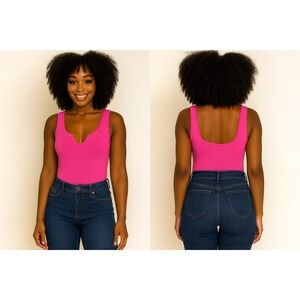 Zenana Sleeveless V-Neck Bodysuit‎ Hot Pink Tank Top Casual Stretch Size M